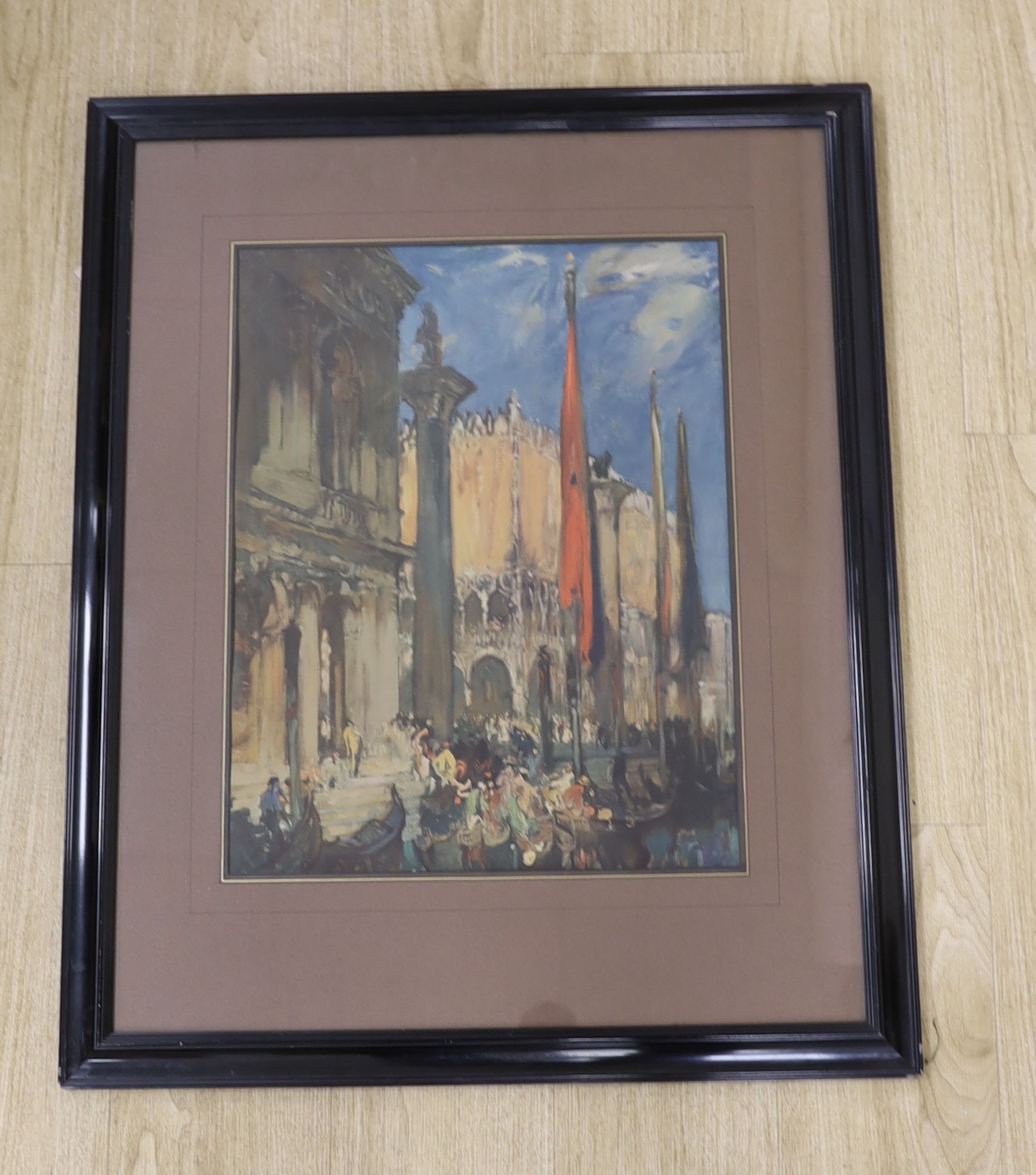 Frank Brangwyn, artist's proof print, View of Venice, label verso, 54 x 42cm